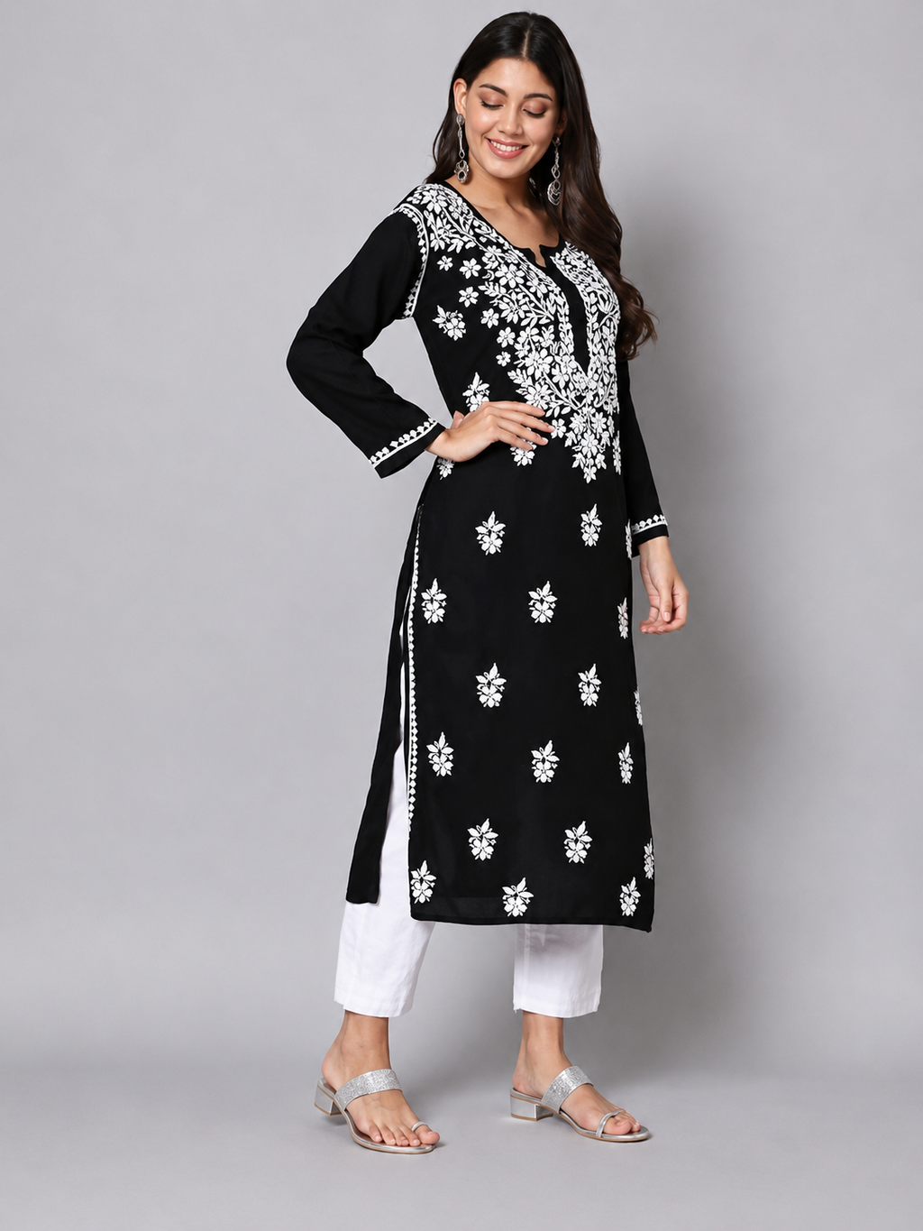 Black Lucknowi Chikankari Rayon Kurta for Woman