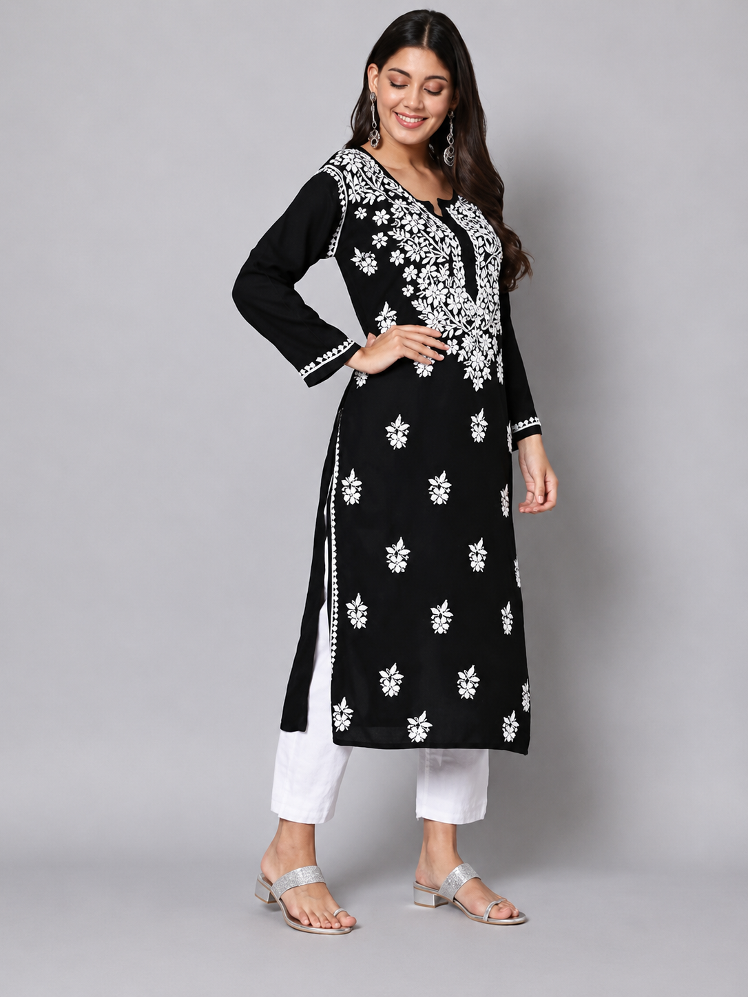 Black Lucknowi Chikankari Rayon Kurta for Woman