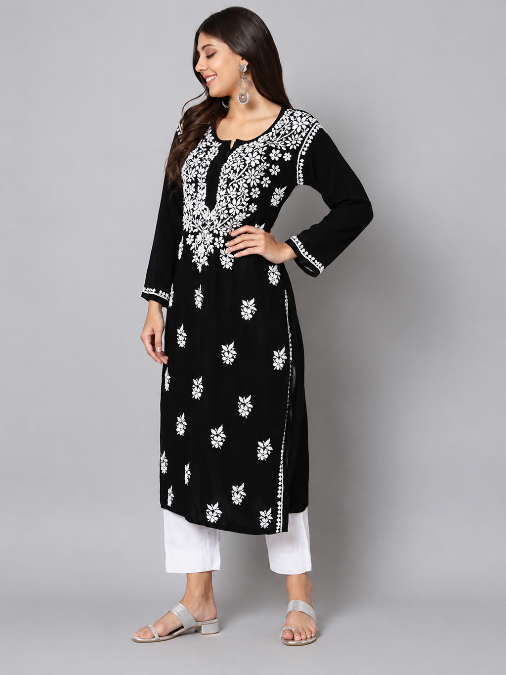 Black Lucknowi Chikankari Rayon Kurta for Woman